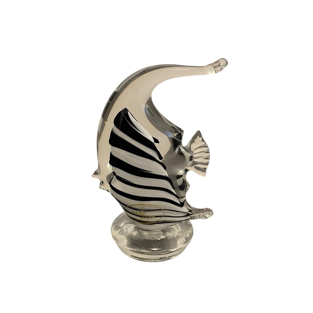 Vintage Murano Style Angelfish Figurine Black White Striped Art Glass Decor